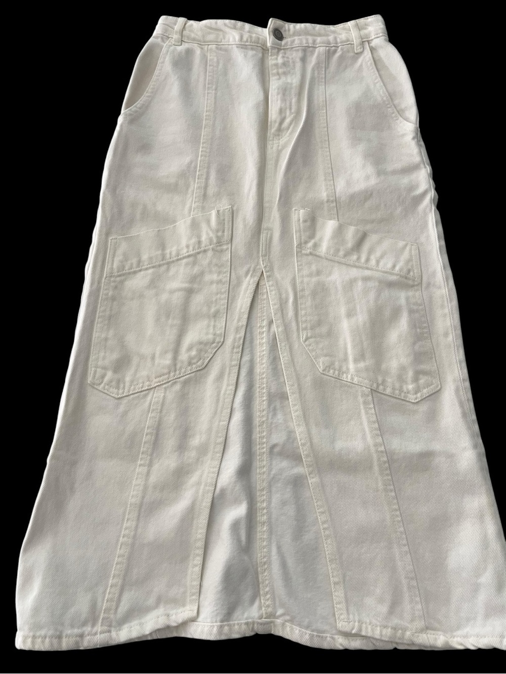 ZARA White Denim Maxi Skirt Size S Utility Pocket High Slit Panel